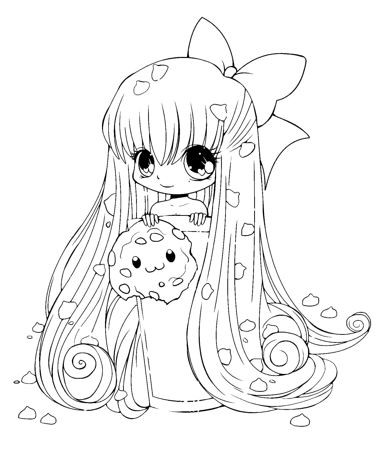 Coloring page Chibi A girl and a cookie