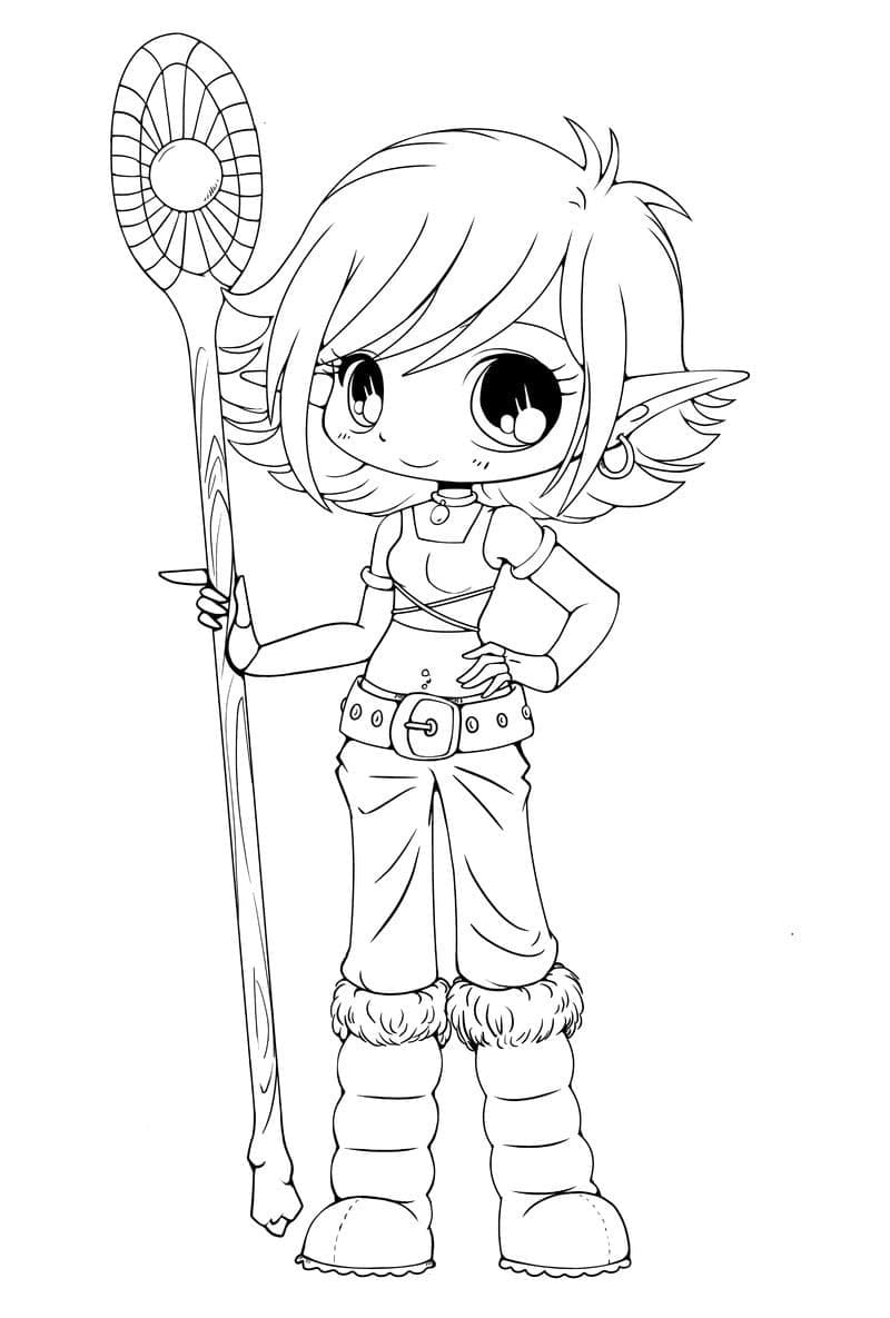 Coloring page Chibi A sorceress with a staff