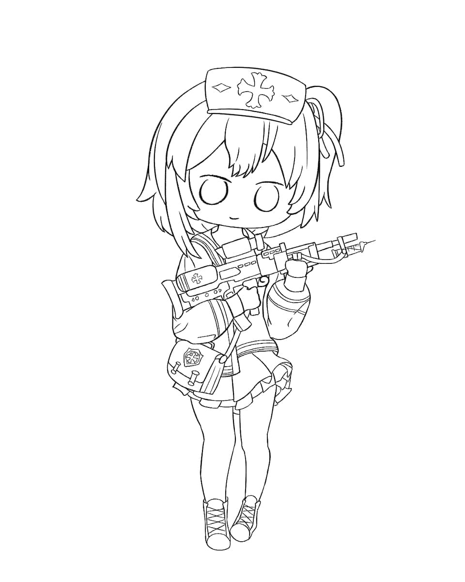 Coloring page Chibi Girl with a gun