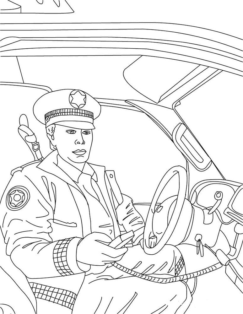 Ausmalbild Polizei Ein Polizist sitzt in seinem Auto