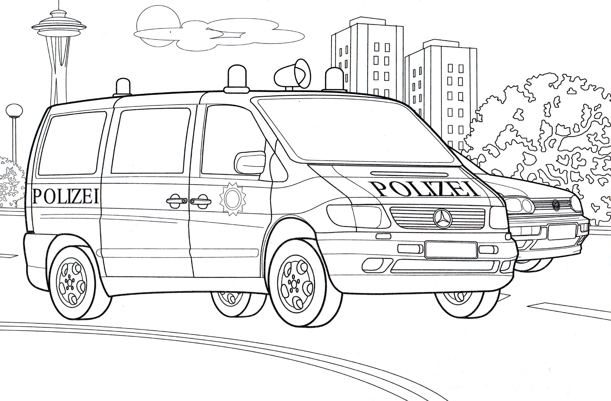 Ausmalbild Polizei Mercedes Polizeiwagen