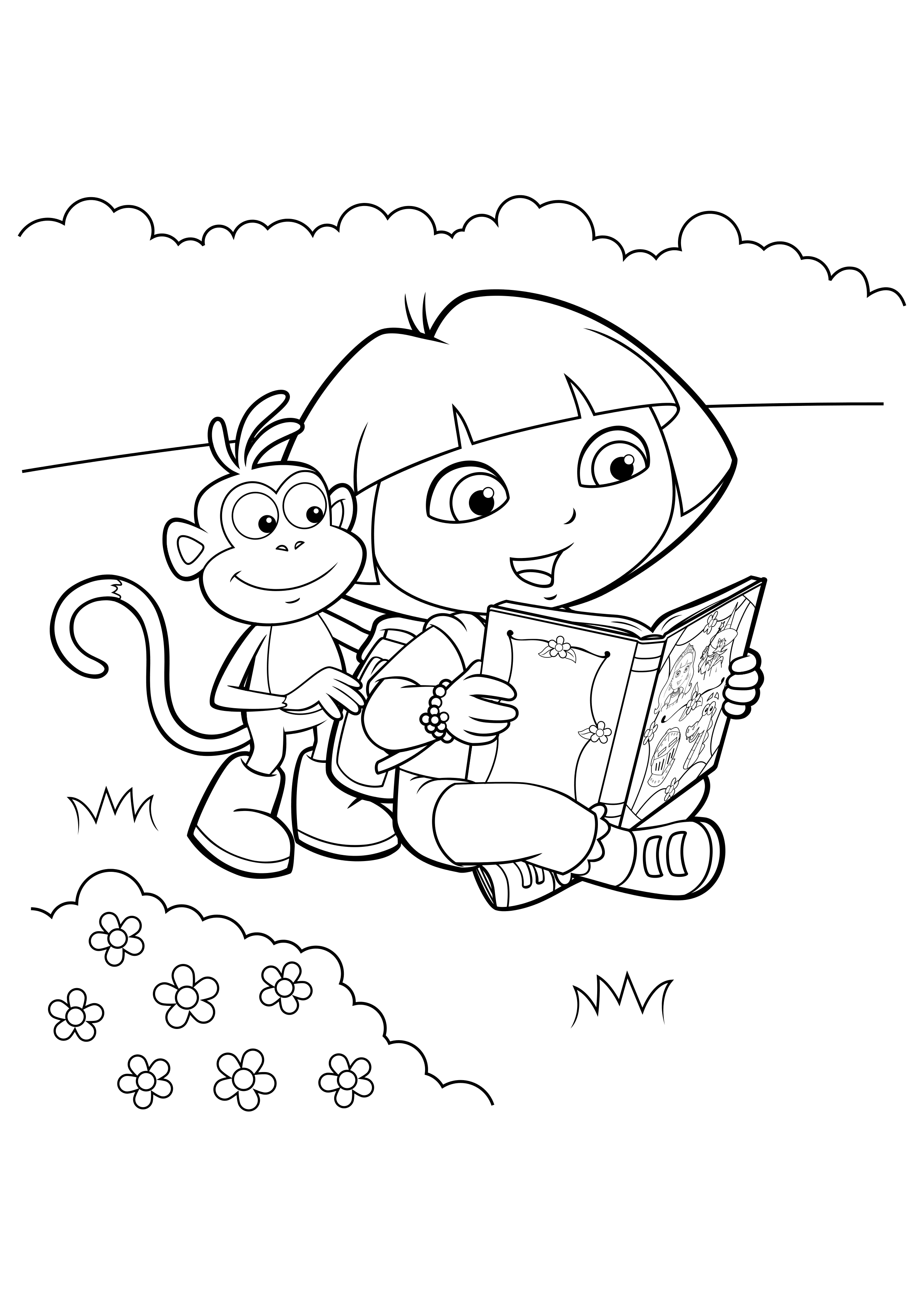 Coloring page Dora the Explorer Dora and Boots are reading a book