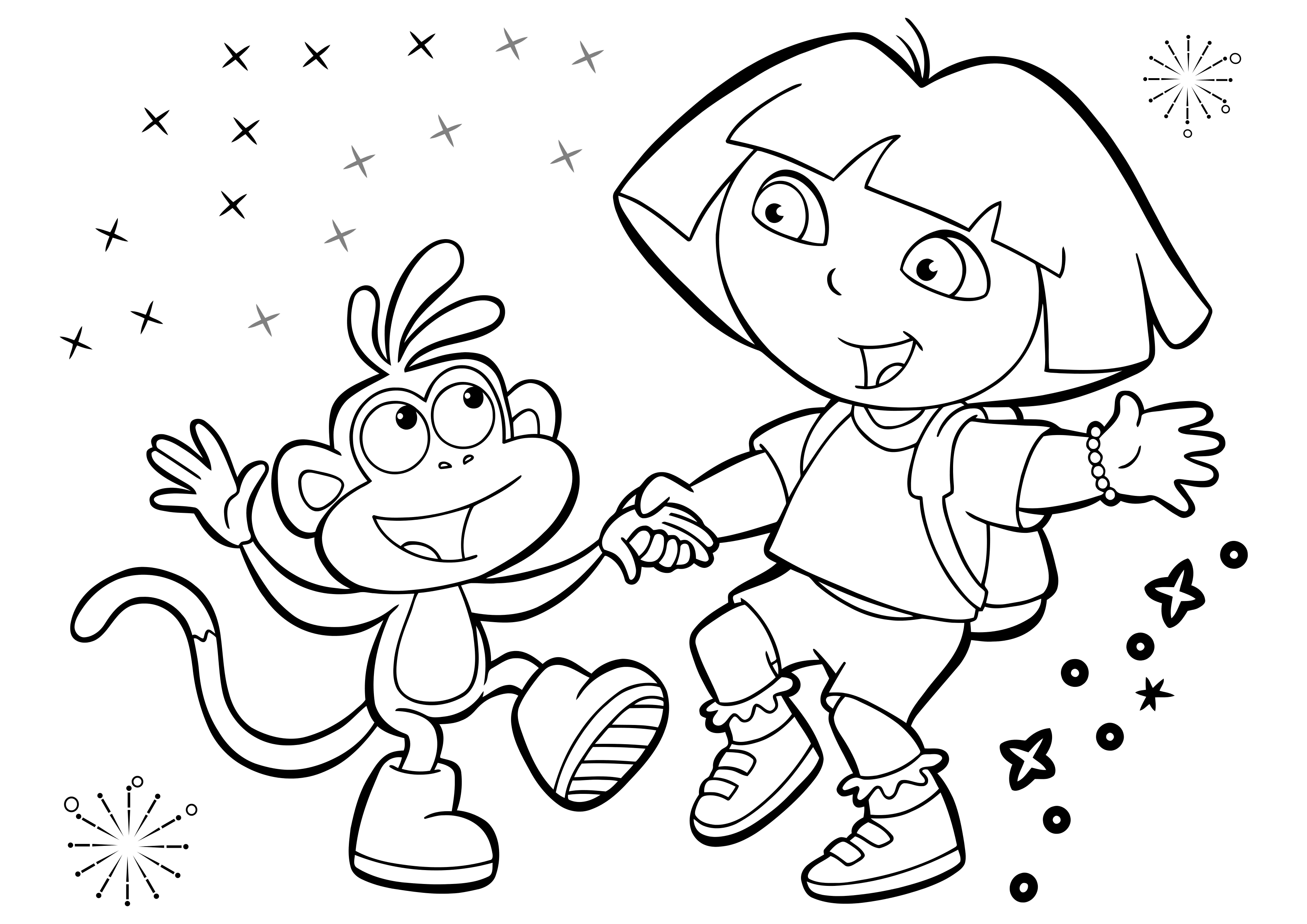 Ausmalbild Dora the Explorer Dora und Pantoffel tanzen