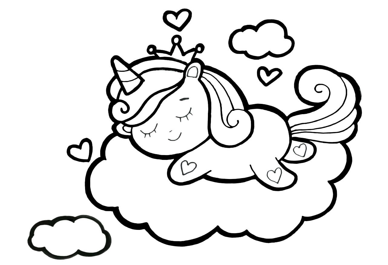 Coloring page Animals for children 5-6 years old Unicorn sleeps on a cloud