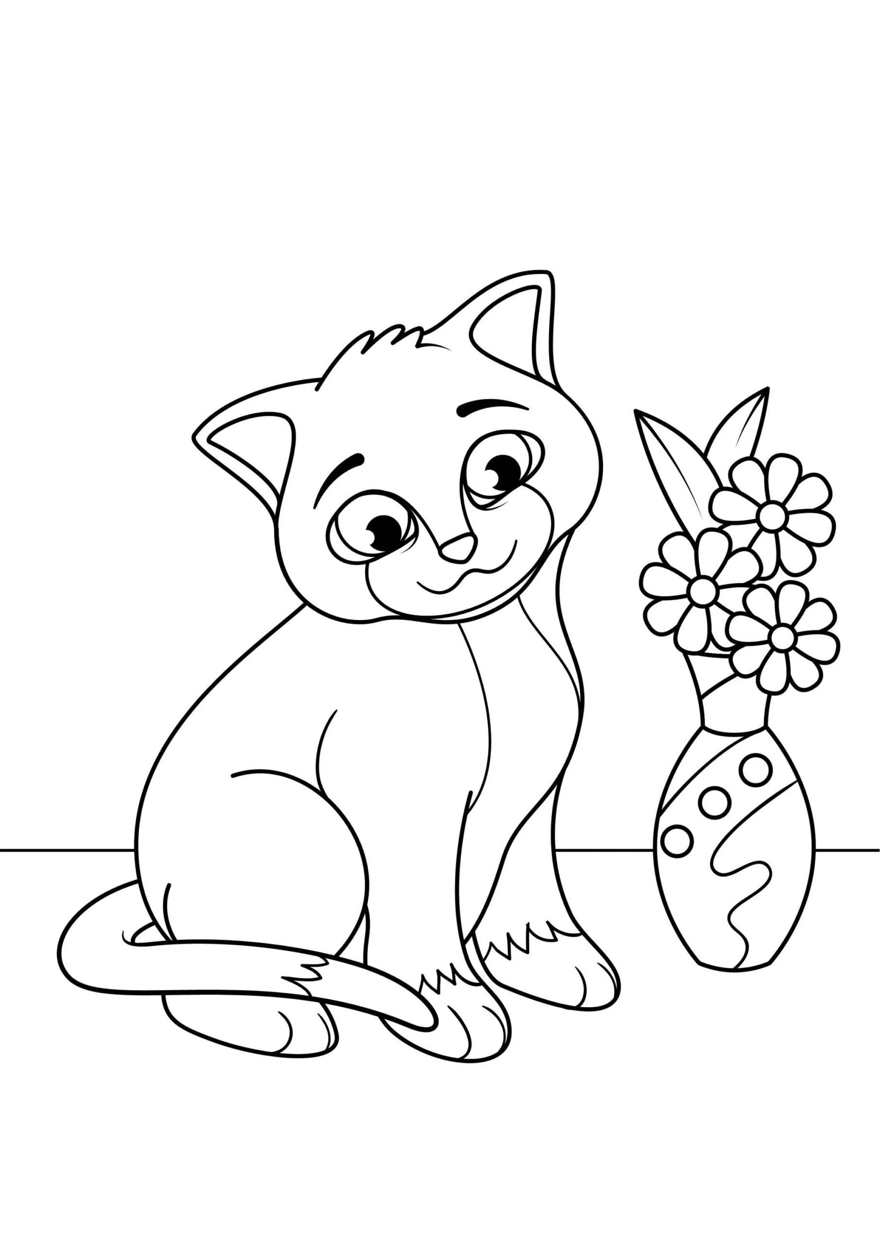 Ausmalbild Katzen Katze und Vase