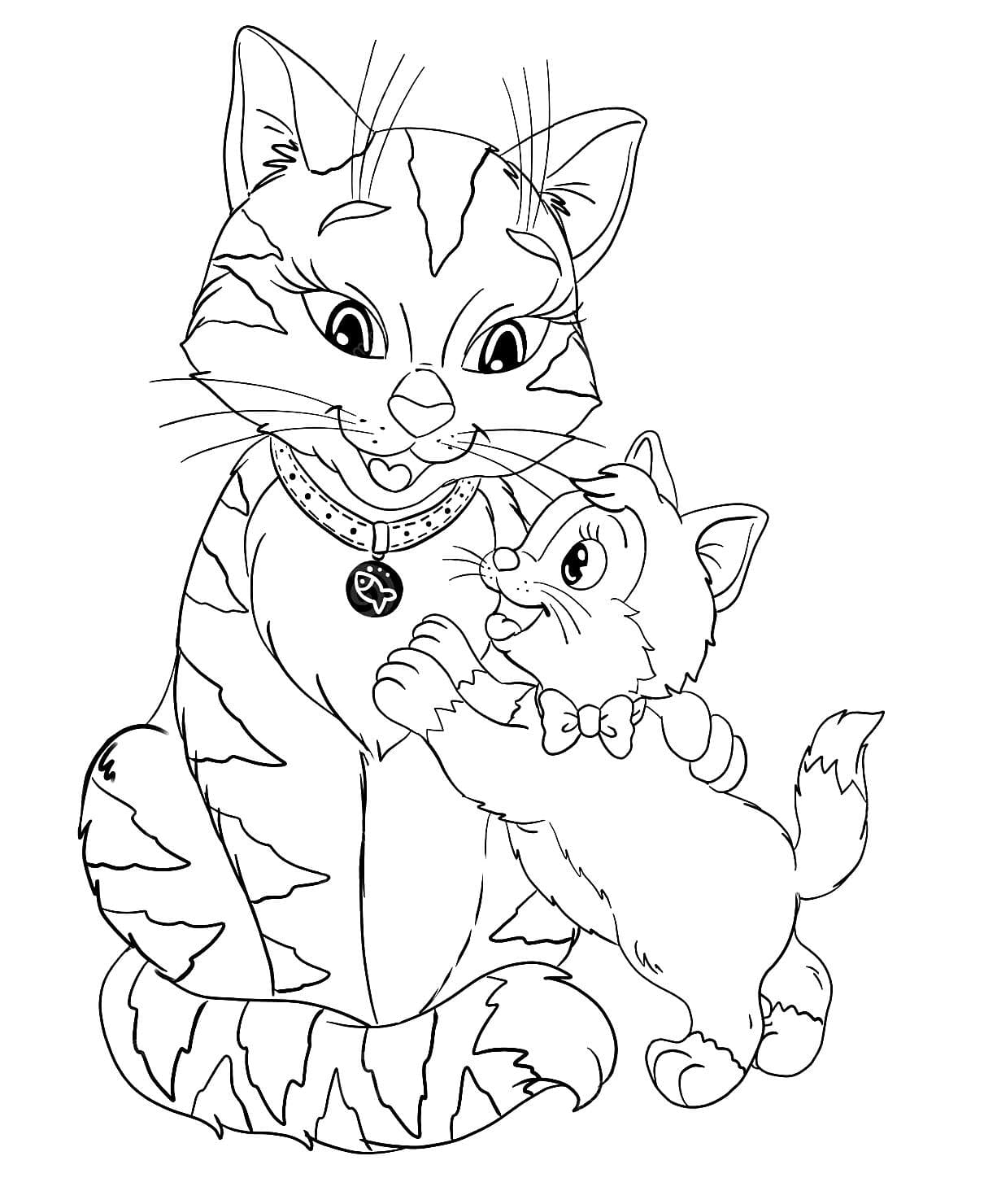 Coloring page Cats Mom and kitten