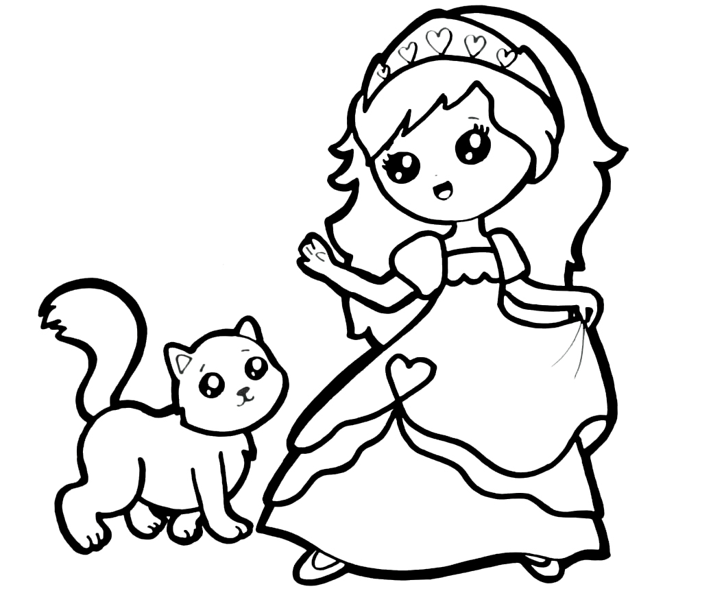 Раскраска Для детей 7-8 лет Принцесса и кошка
