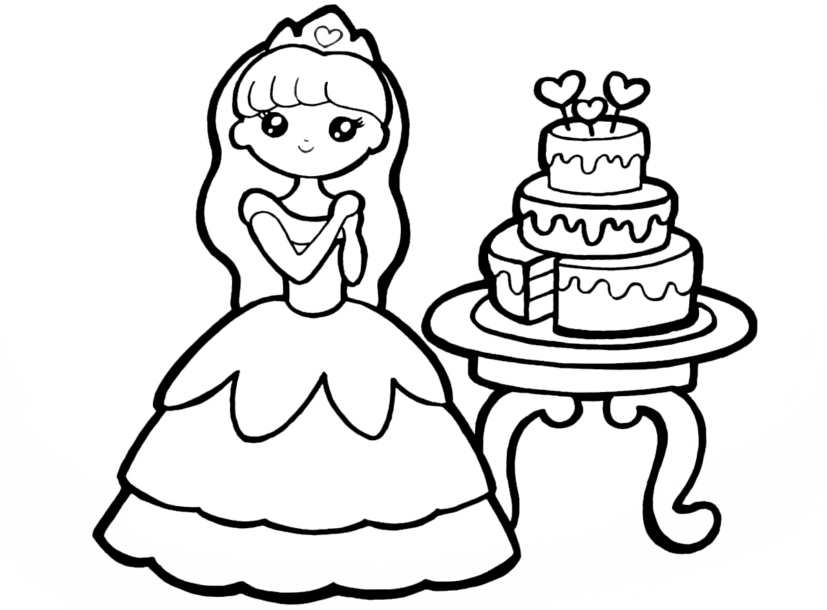 Ausmalbild Prinzessinnen für Mädchen Prinzessin und Kuchen