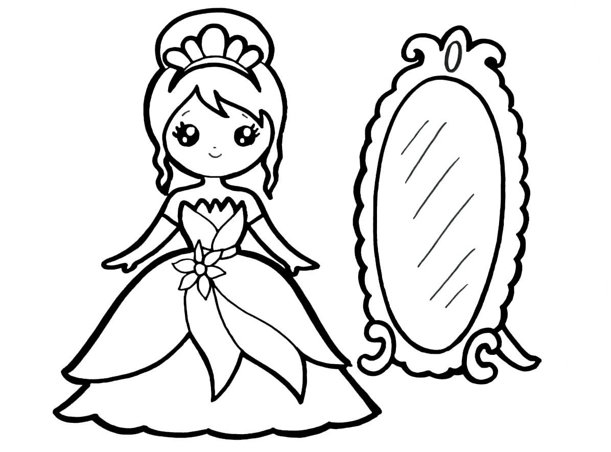 Раскраска Принцессы для девочек Принцесса и зеркало