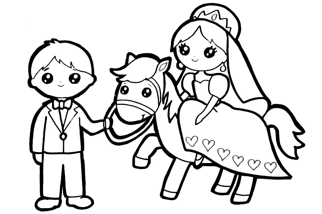 Coloring page Princesses for girls The Princess, the Prince and the horse