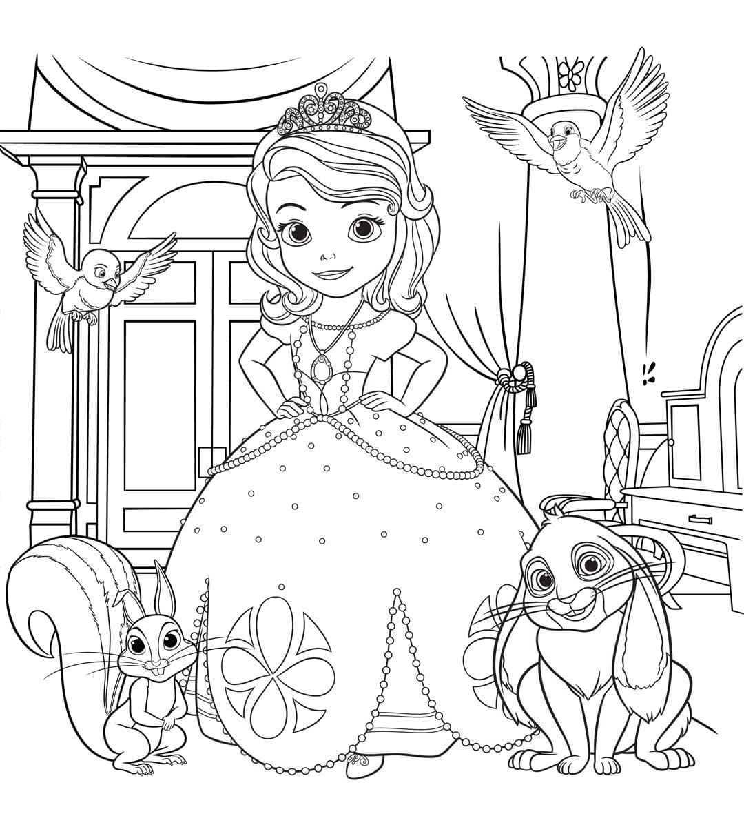 Ausmalbild Sofia die Erste Prinzessin und Tierchen