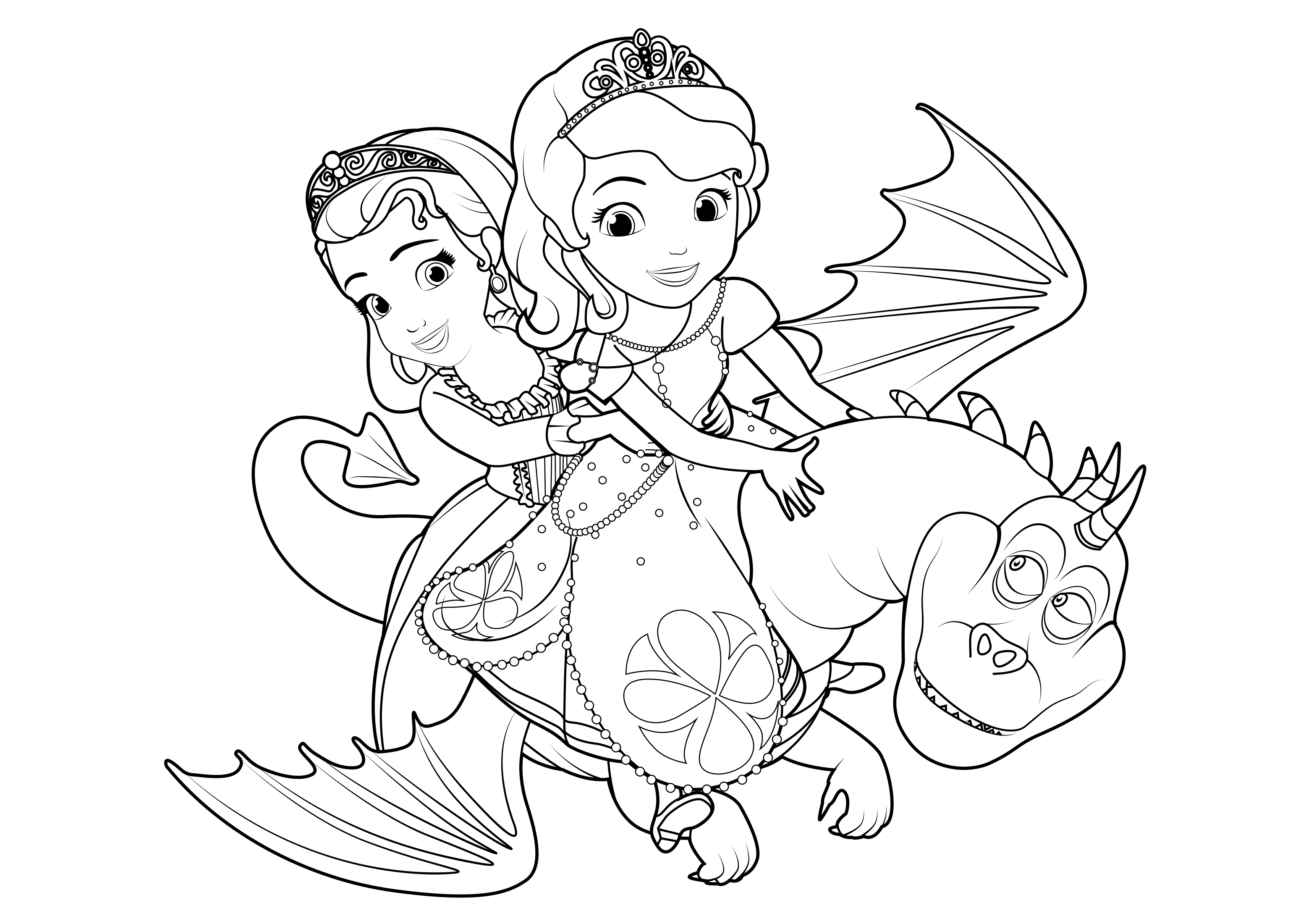 Coloring page Sofia the First Princesses Sofia and Amber on the dragon