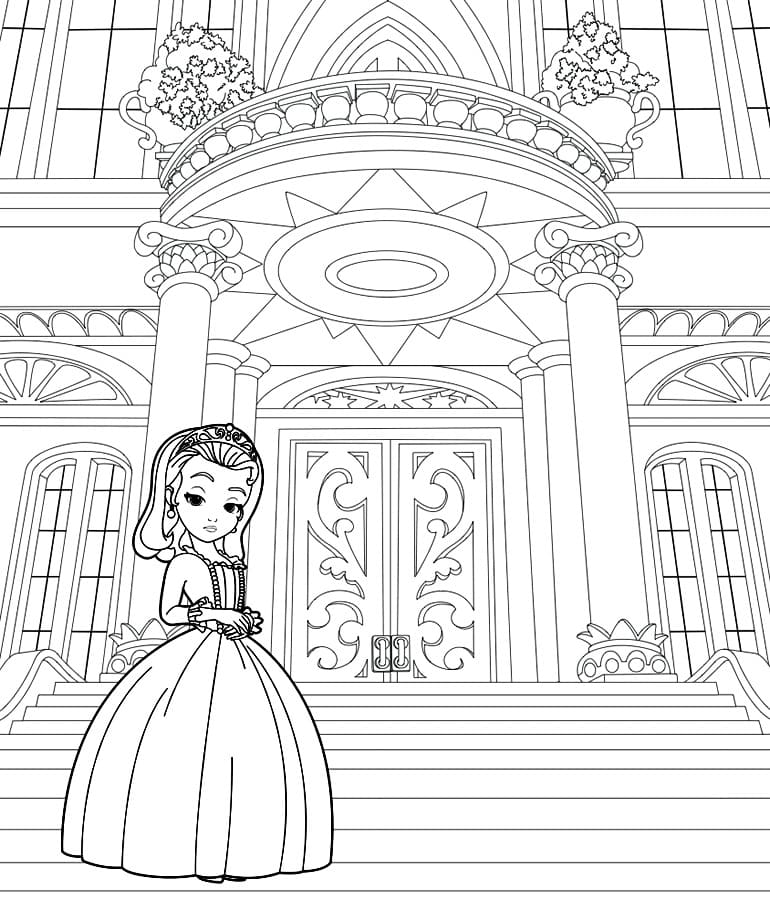 Ausmalbild Sofia die Erste Amber auf Schloss Hintergrund