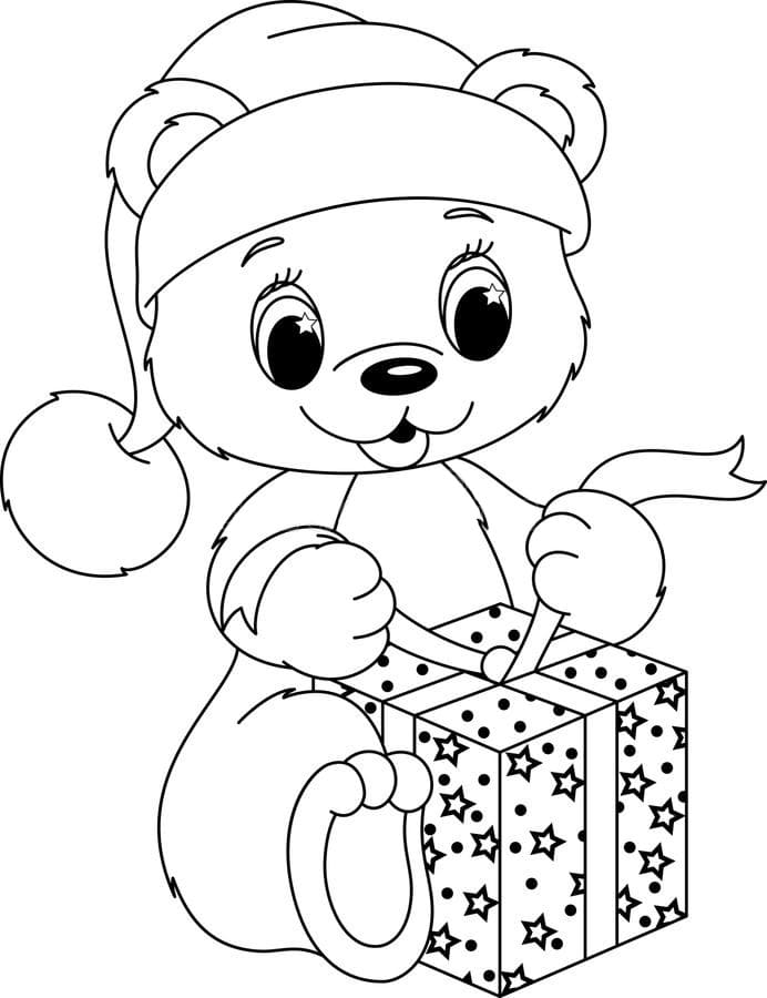 Раскраска Плюшевые Медведи Плюшевый медведь распаковывает подарок на Рождество