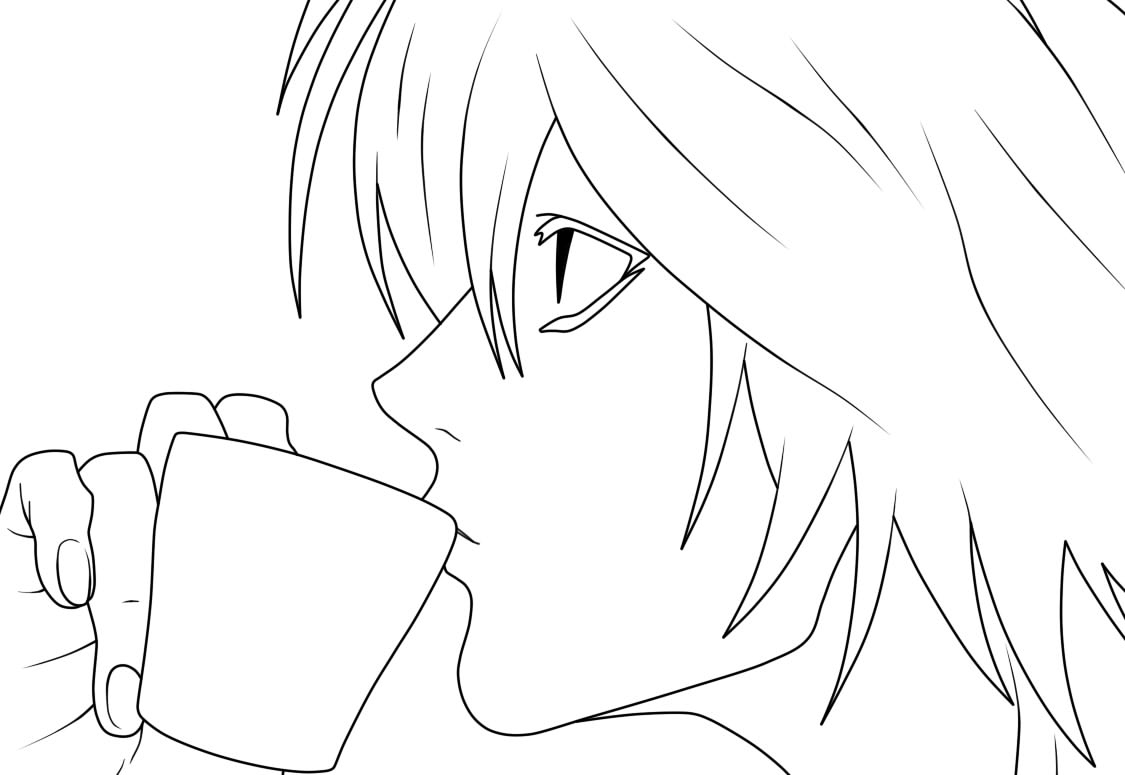 Ausmalbild Death Note L trinkt Kaffee