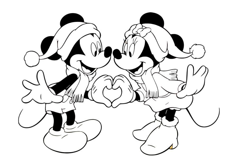 Mickey Mouse and Minnie Mouse in Christmas hats