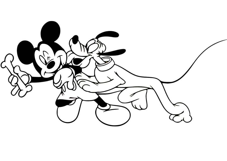 Pluto licks Mickey, who is holding a bone in his hand