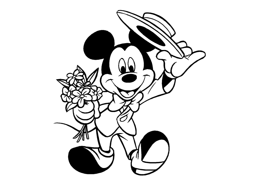 Minnie Maus zieht seinen Hut beim Anblick der geliebten Dame, die Blumen schenken will