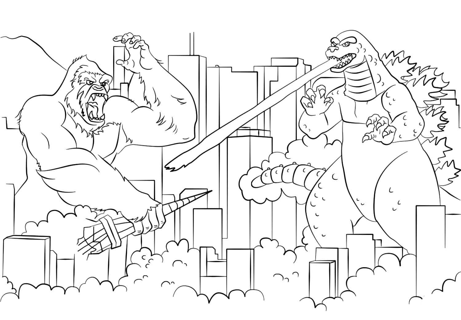 Ausmalbild Godzilla gegen King Kong