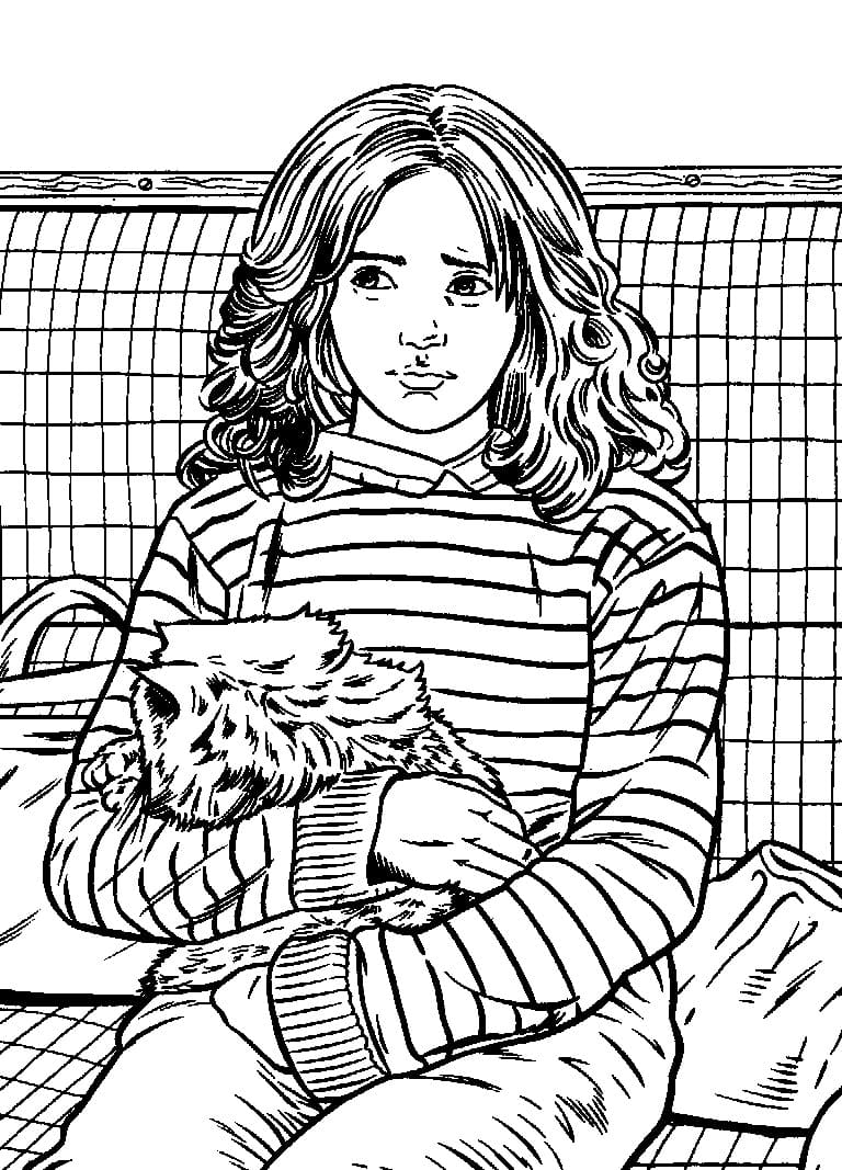 Раскраска Гарри Поттер Гермиона Грейнджер держит кота