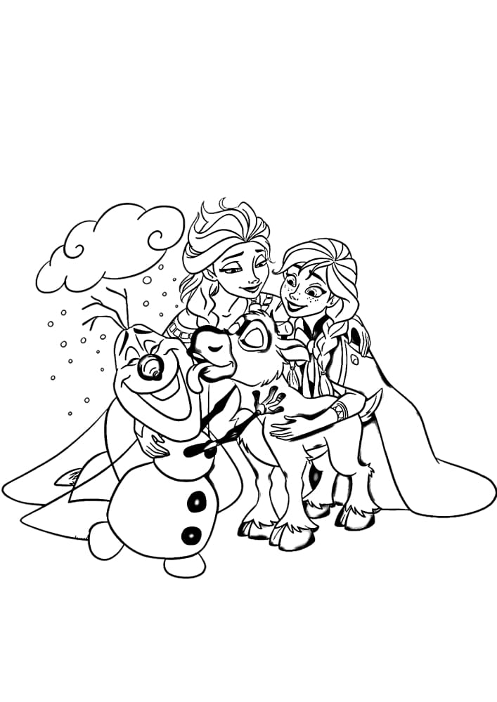 Anna, Elsa und Olaf mit Blumen im Zauberschlitten