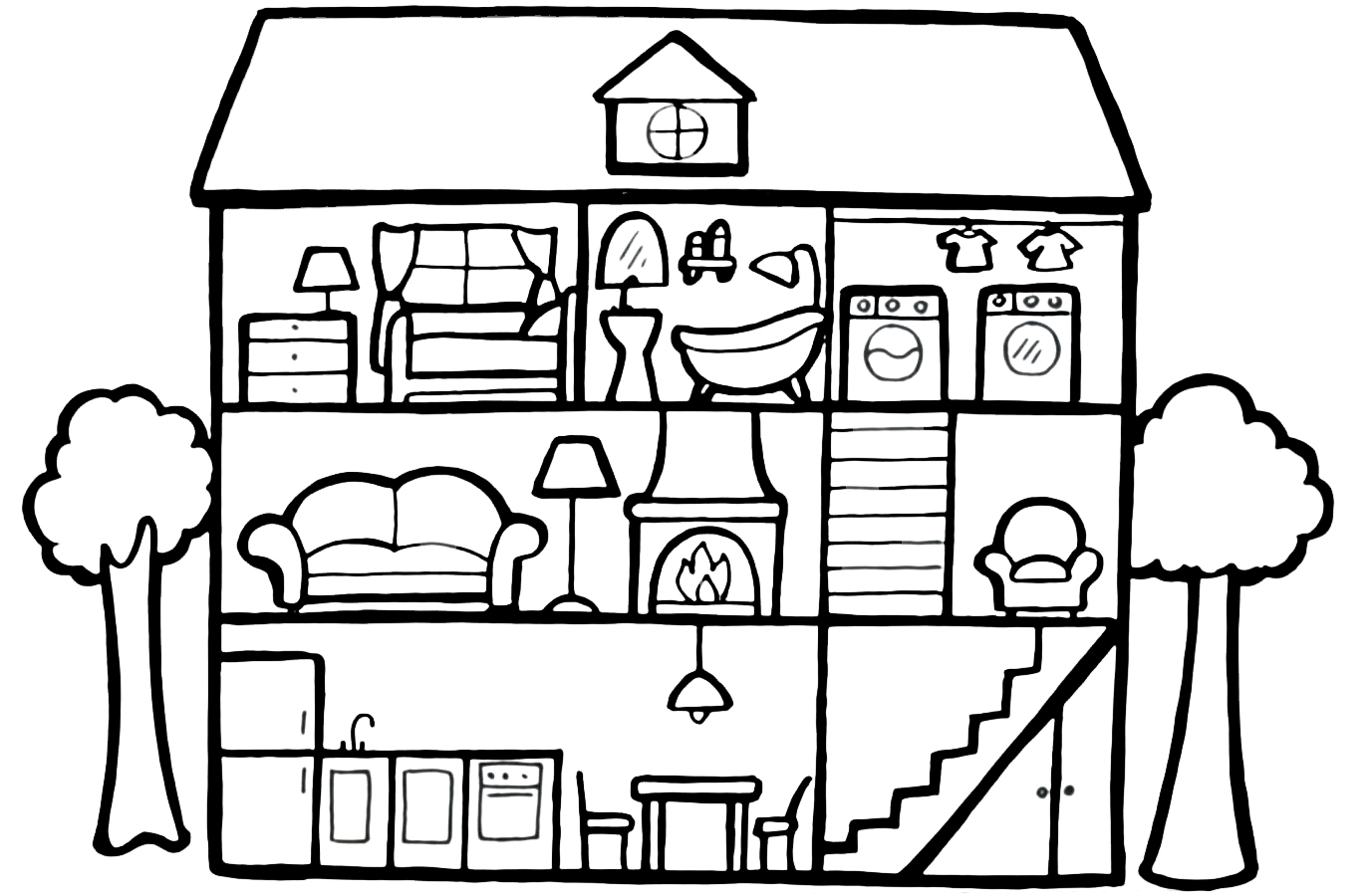 Coloring page House Three-storey house with open rooms