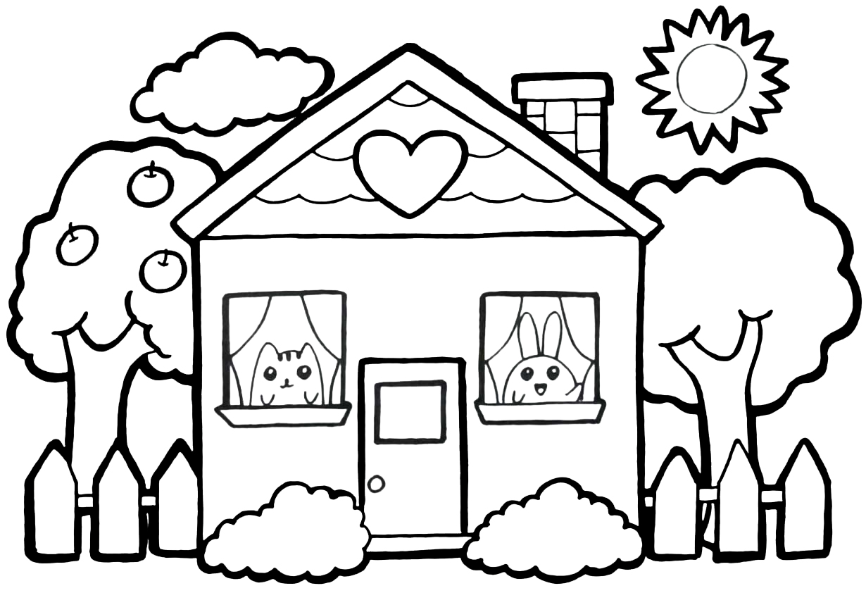 Coloring page House A house with friendly animals