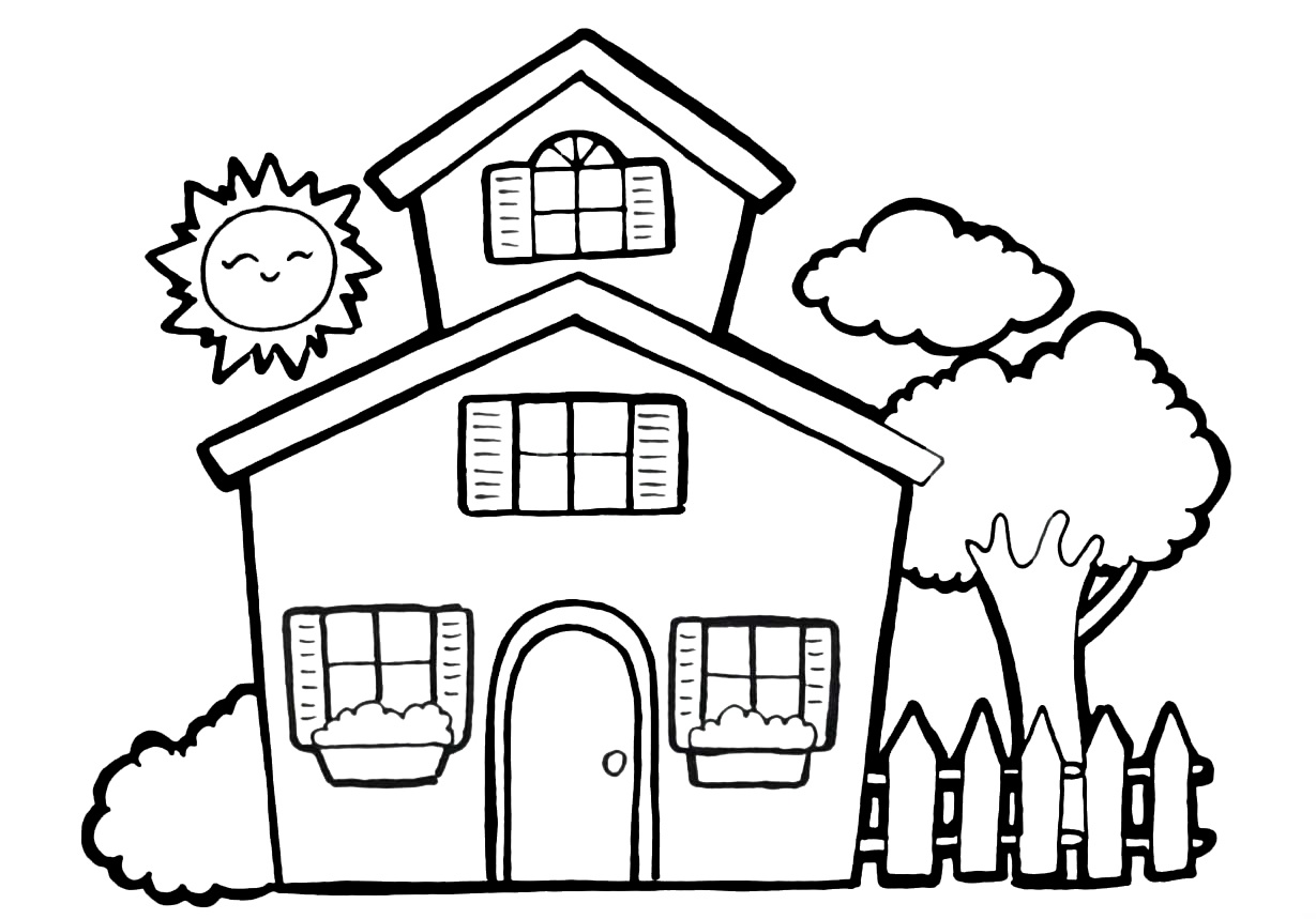 Coloring page House House on the background of the sun