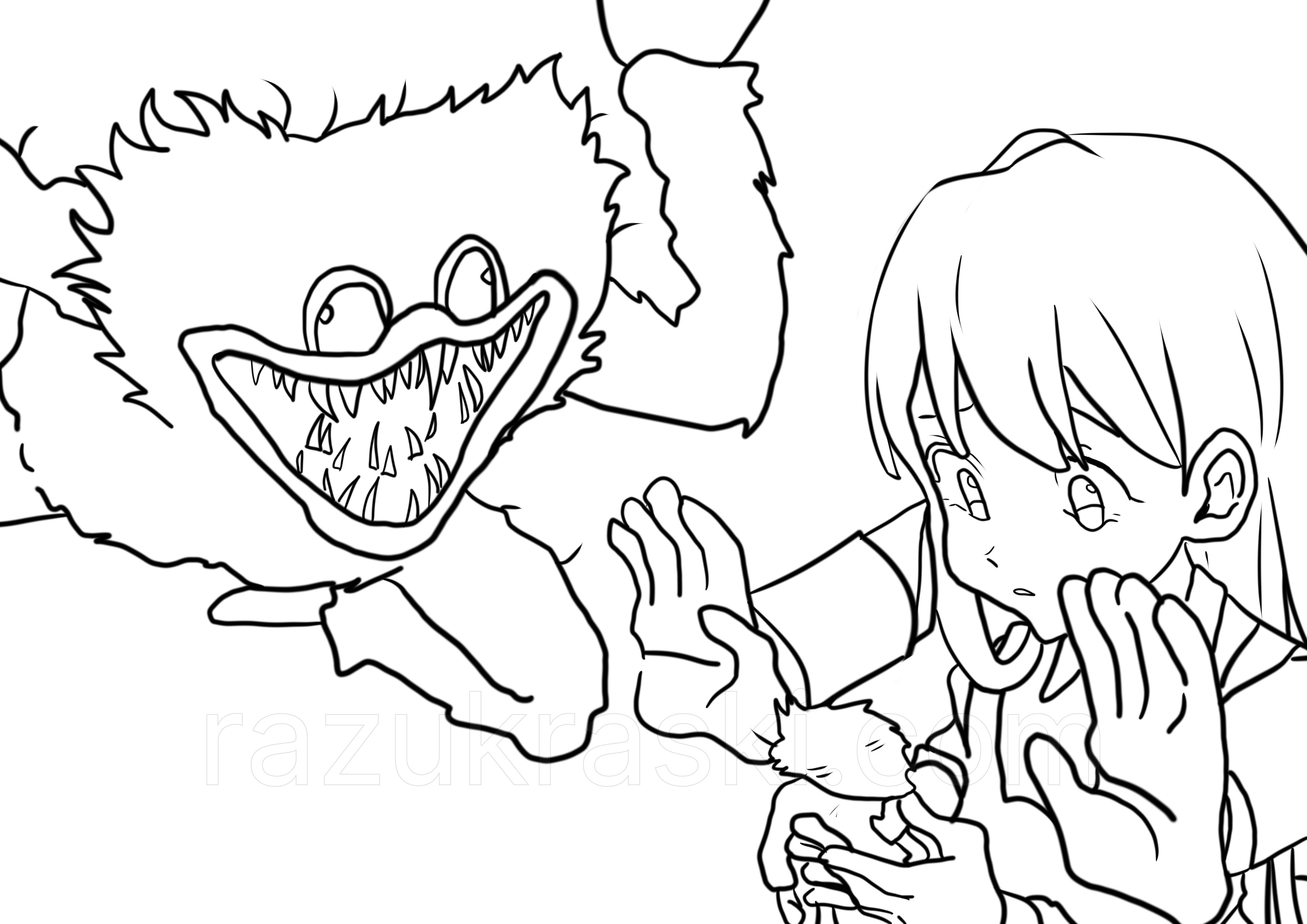 Coloring page Huggy Wuggy blue monster and girl