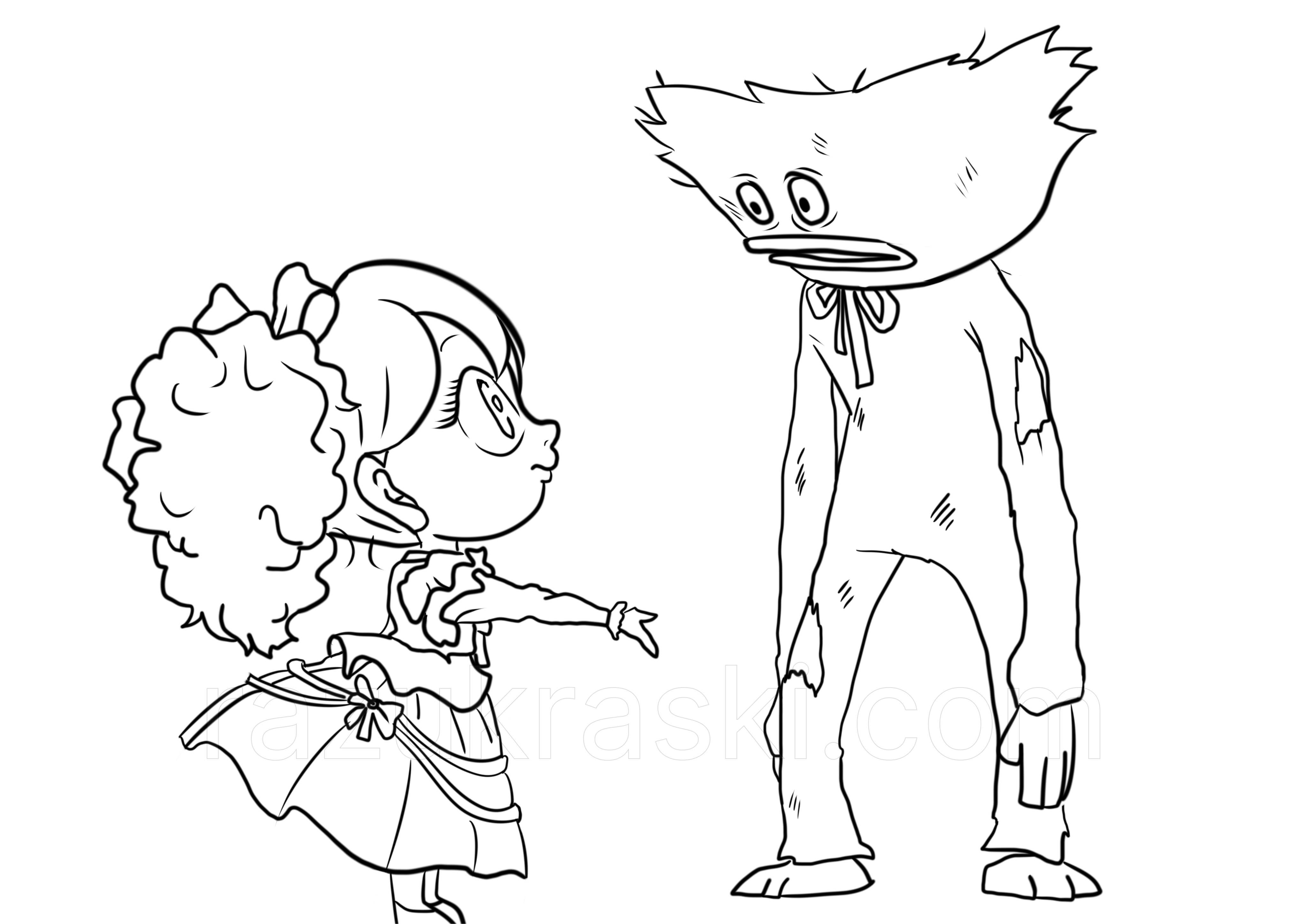 Coloring page Huggy Wuggy getting to know a girl