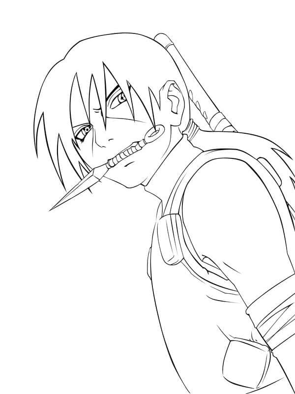 Coloring page Itachi Uchiha with a dagger in his teeth