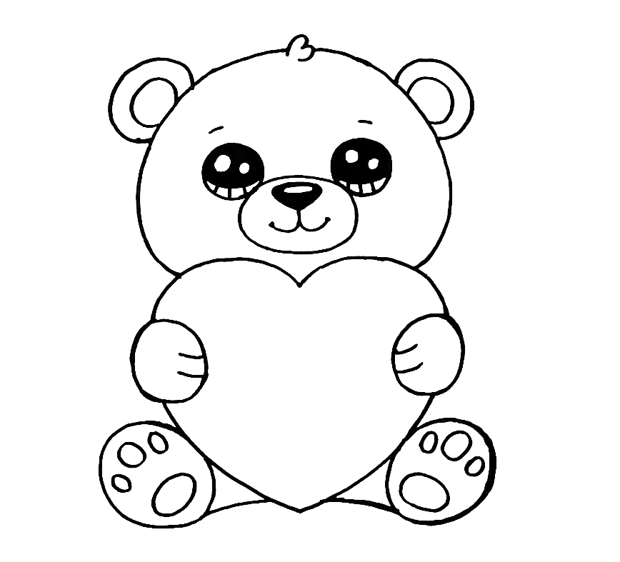 Раскраска Кавайные Медведь с сердечком Распечатать