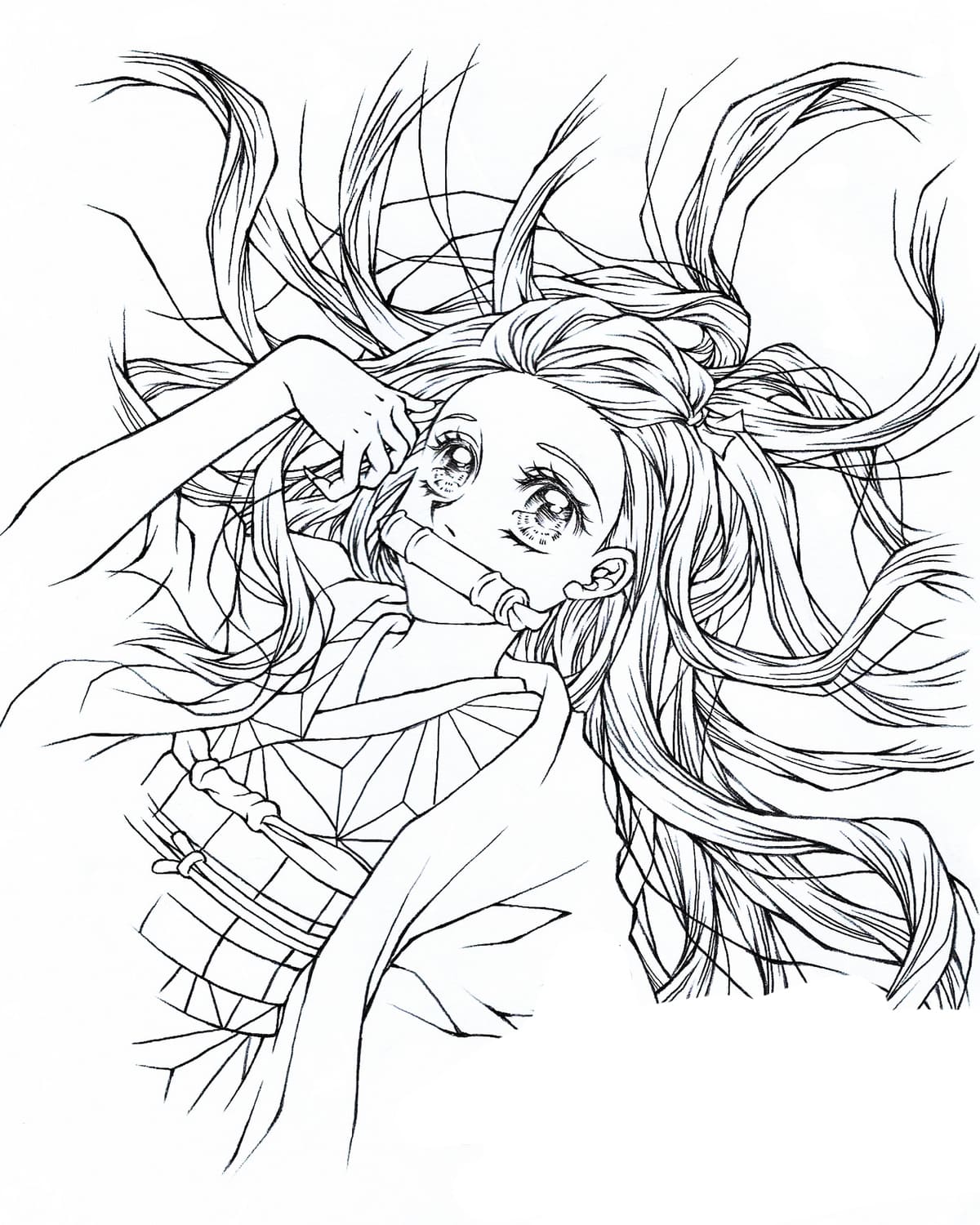 Девушка Незуко с красивыми волосами Раскраска Распечатать