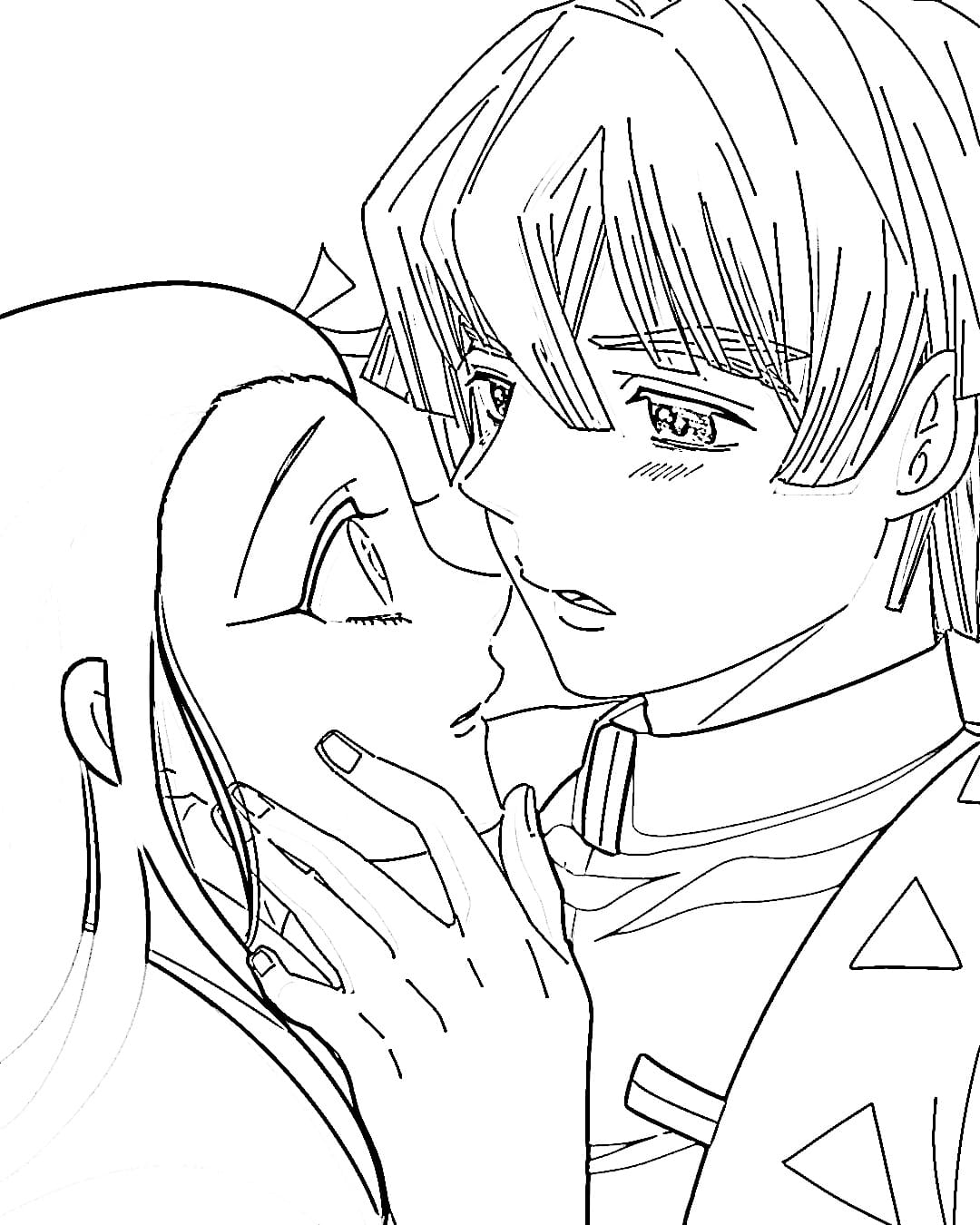 Ausmalbild Zenitsu und Nezuko - ein Kuss Ausdrucken