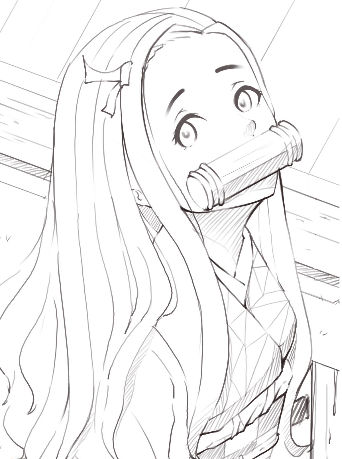 Anime-Mädchen mit Bambus im Mund Ausmalbild Ausdrucken