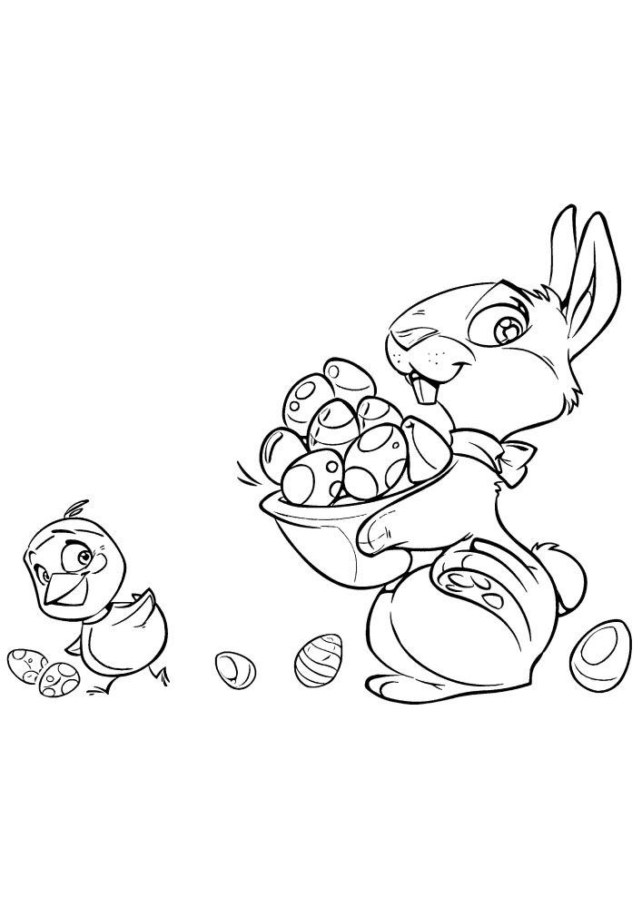 The Easter bunny carries the eggs after the baby bird