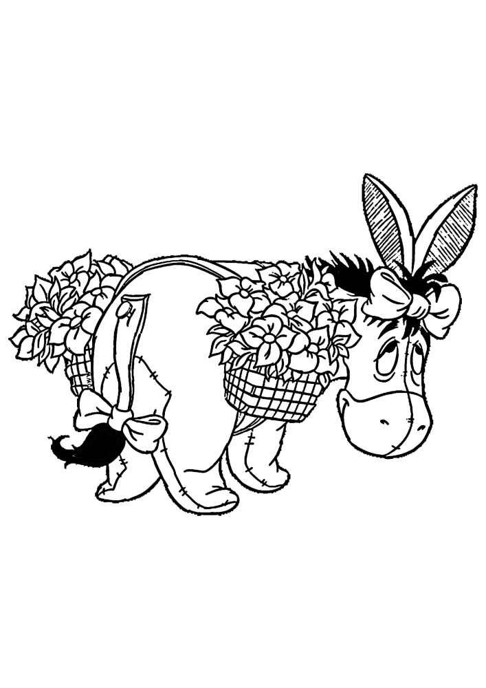 Ослик Иа с корзинками цветочков на спине - поздравление с праздником