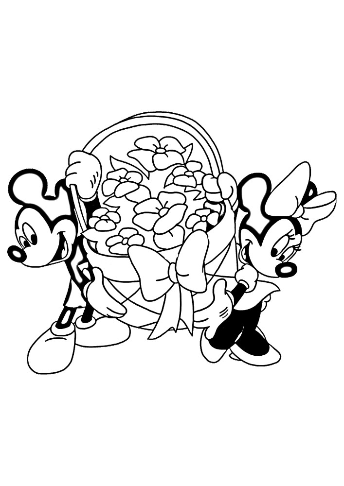 Mickey Mouse und Minnie Mouse geben einen Osterkorb, in dem unter den Blumen versteckt Hoden