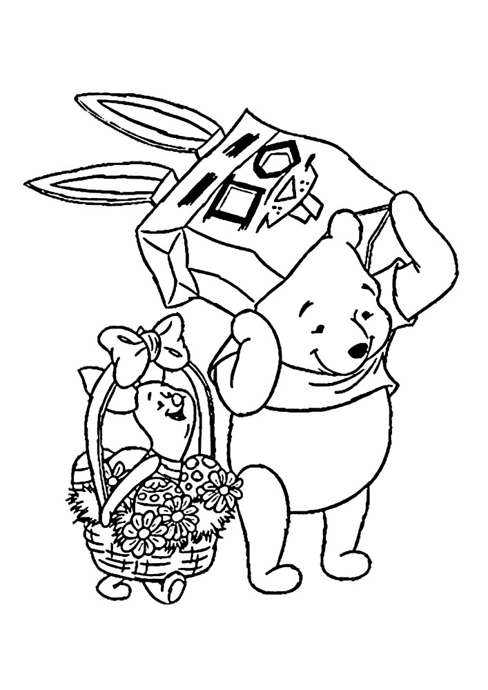 Leitão e Winnie the Pooh carregam uma cesta de Páscoa para uma reunião com amigos