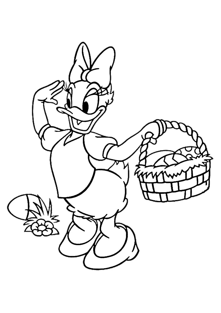 Patito arrastra un regalo de Pascua: pastel, testículos y conejito de peluche