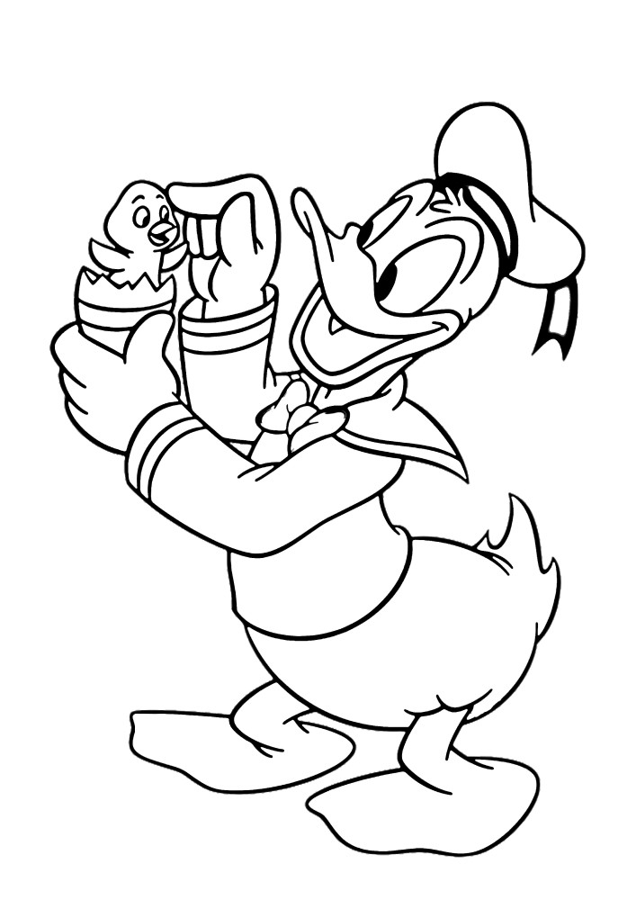Donald Duck and the baby bird that hatched from the Easter egg