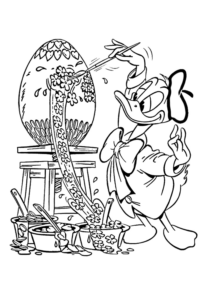 Donald Duck paints a big egg for Easter