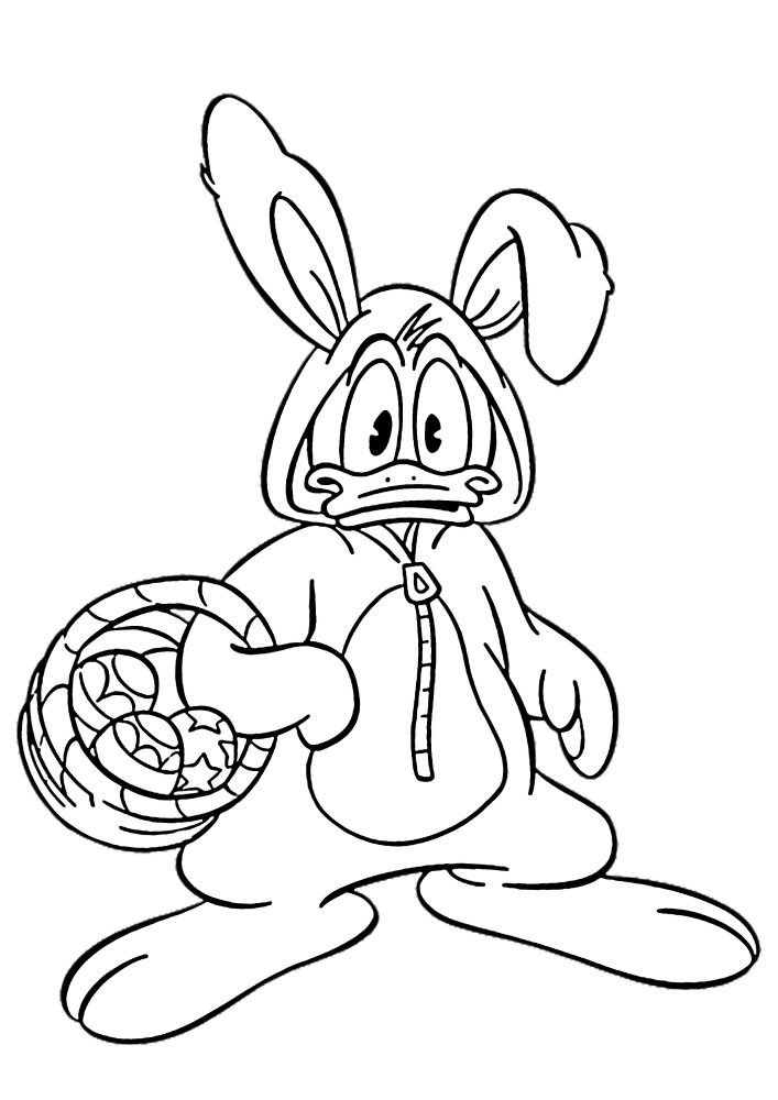 Pato Donald em traje de coelho e com uma cesta cheia de testículos