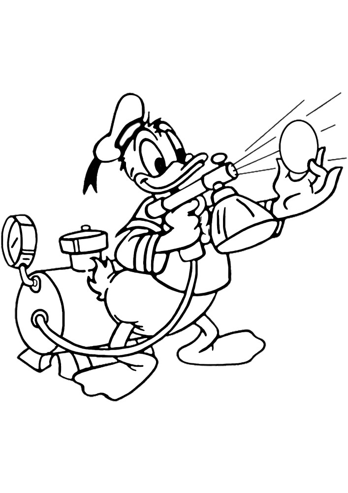 Donald Duck paints an egg with a device