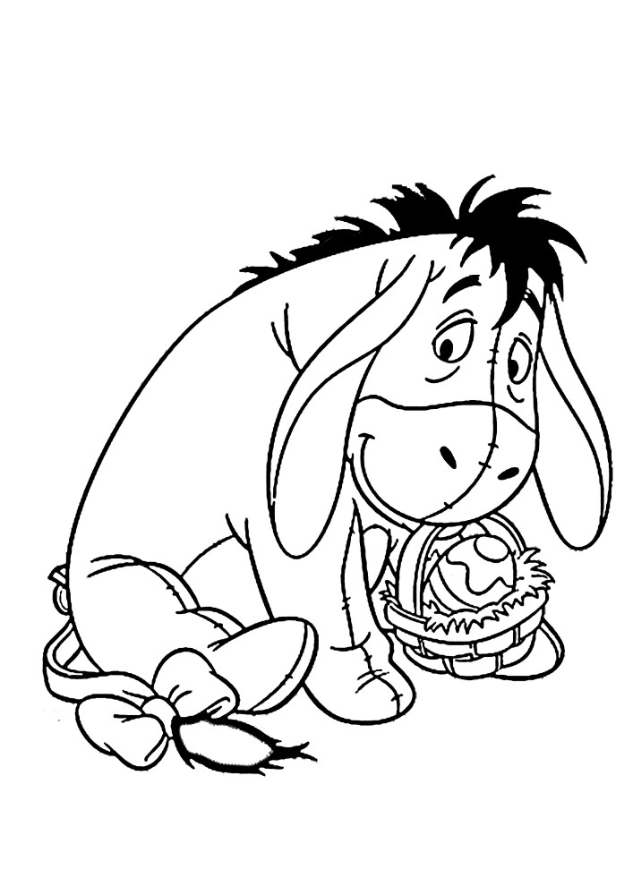 Eeyore the donkey holds a basket with Easter eggs, which he will give for Easter