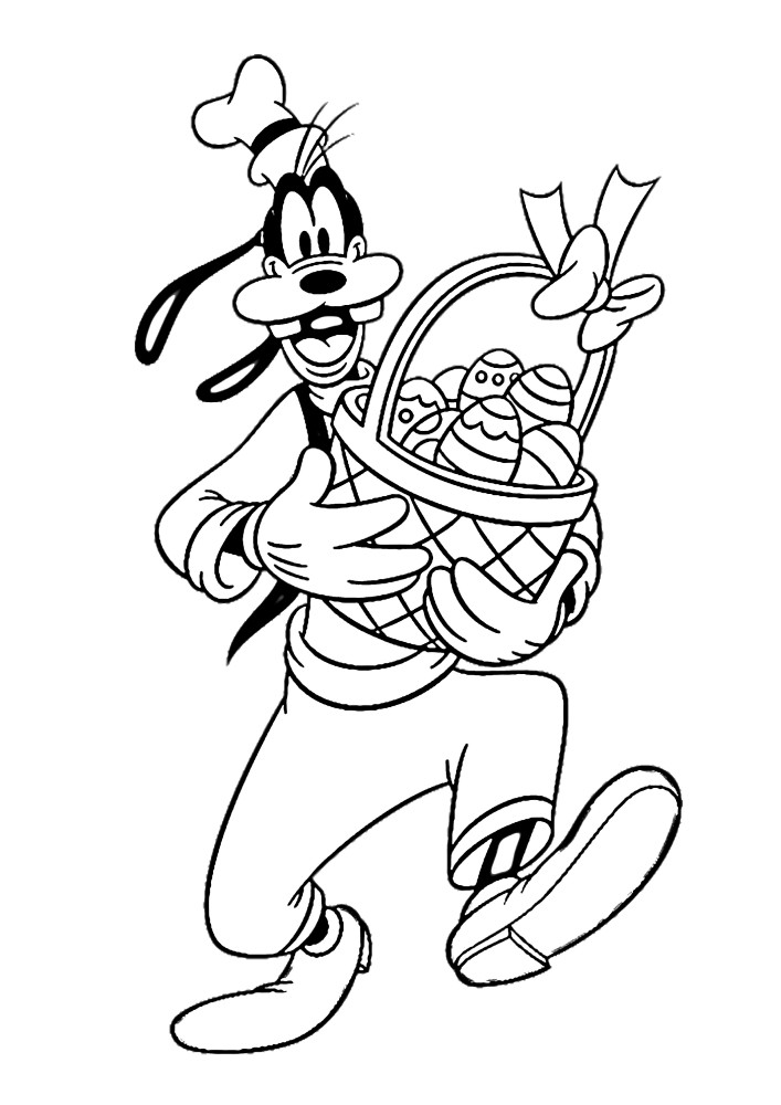 Goofy carries an Easter gift basket