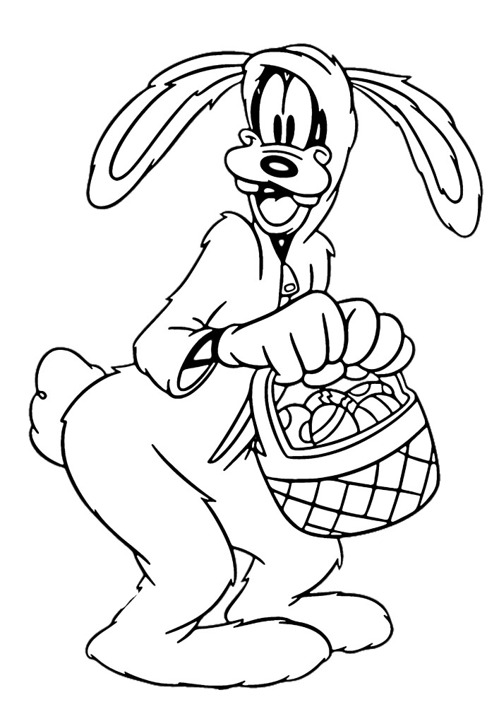 Goofy en traje de conejito sostiene una canasta de Pascua