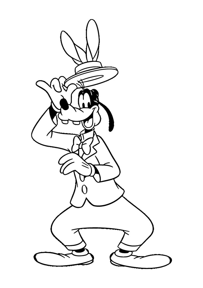 Goofy in a bunny costume holds an Easter basket