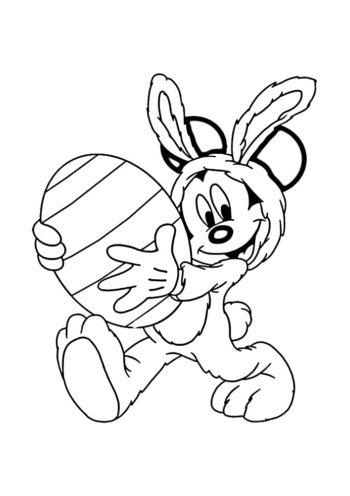 Mickey Mouse in an Easter Bunny costume carries an egg