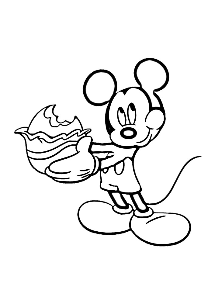 Mickey Mouse eats a chocolate egg, the wrapper of which is painted in turquoise color